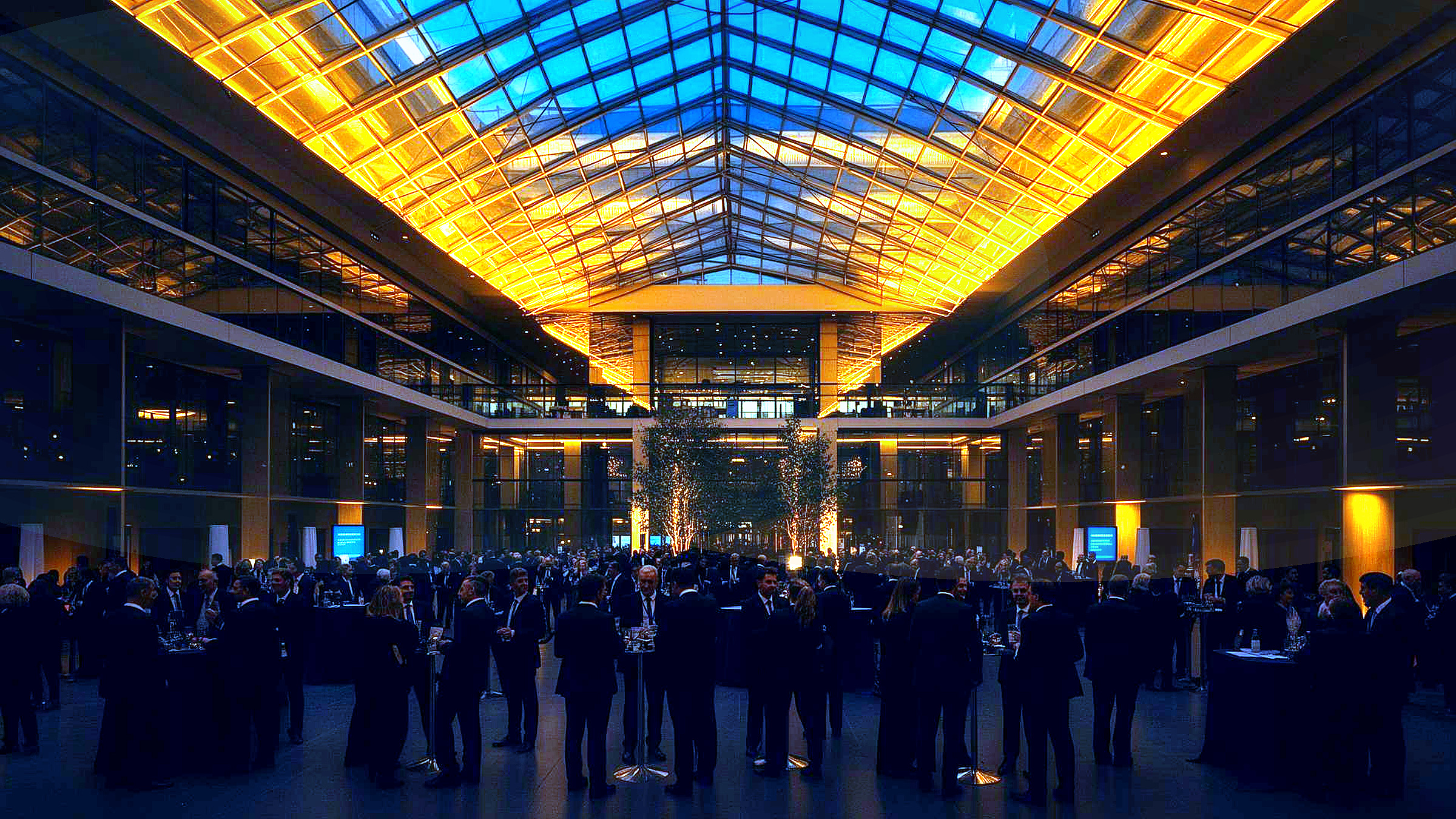An atrium at twilight