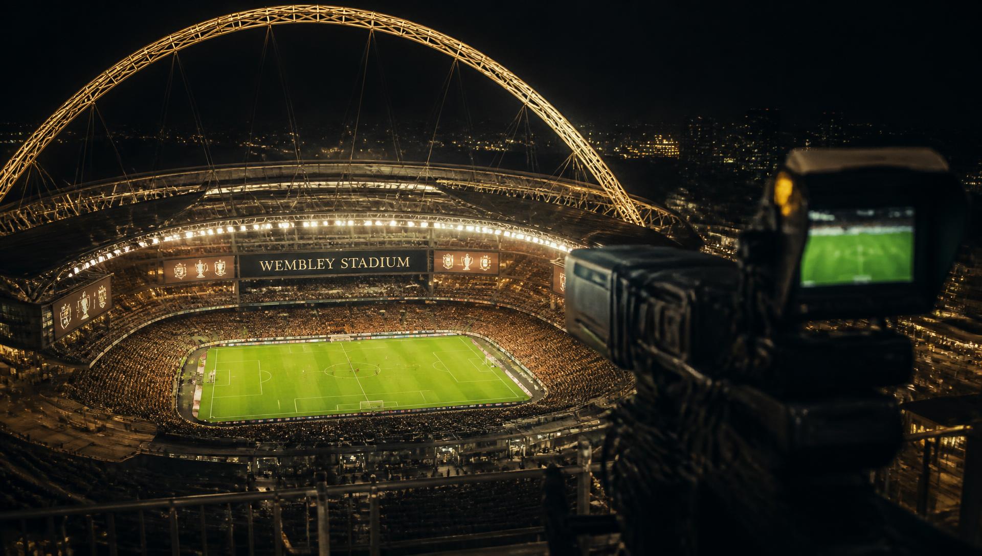 Wembley Stadium under floodlights on the night of The Restoration Cup
